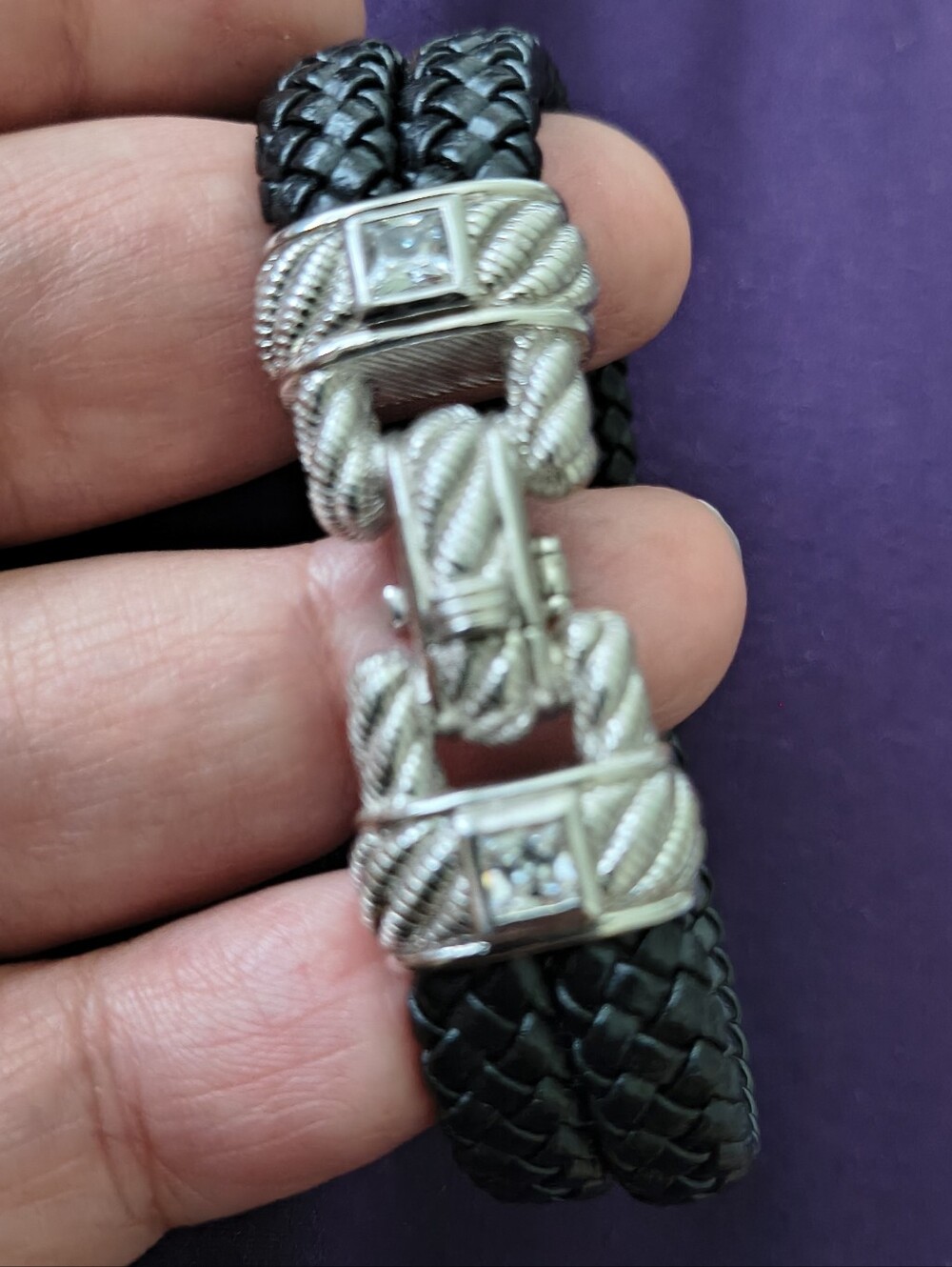 Stunning Judith Ripka 925 Sterling Silver Cz And Braided Leather Bracket. Estate
